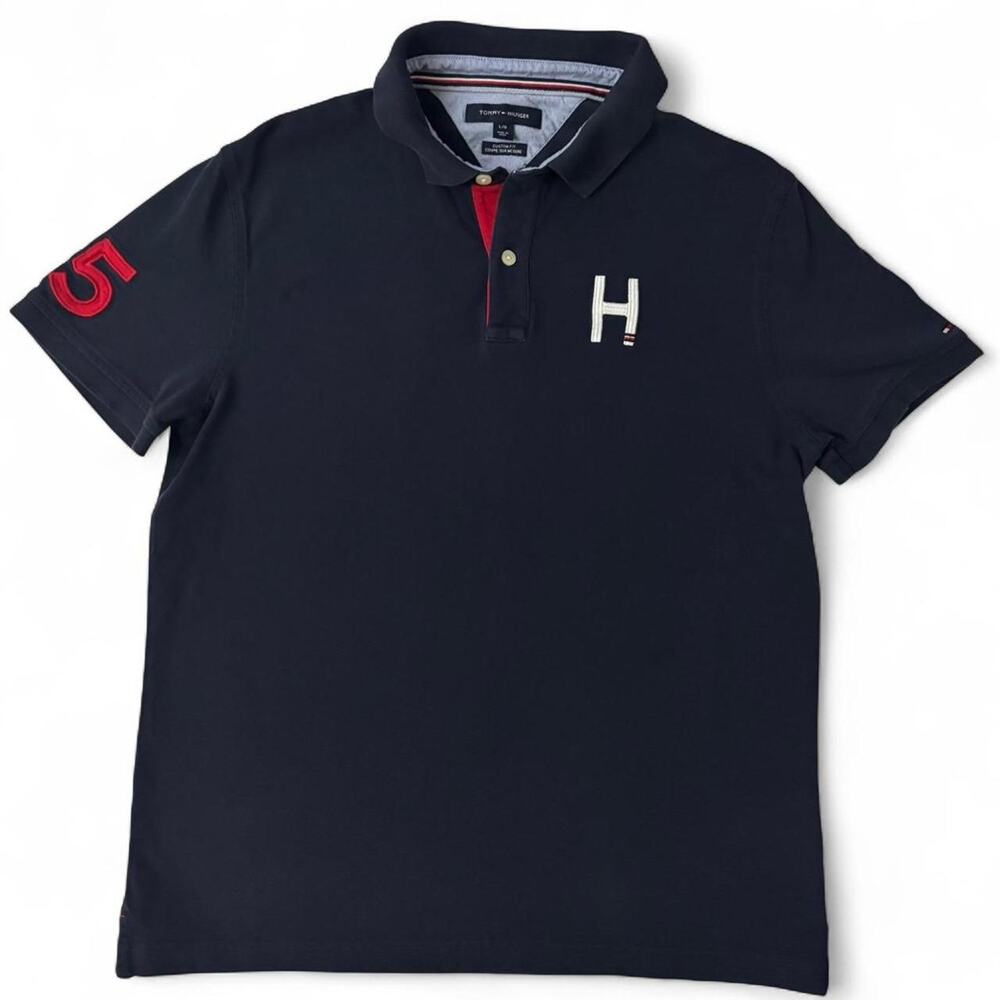 Tommy Hilfiger Navy Blue Polo w/ White & Red Logo Detail - Size L